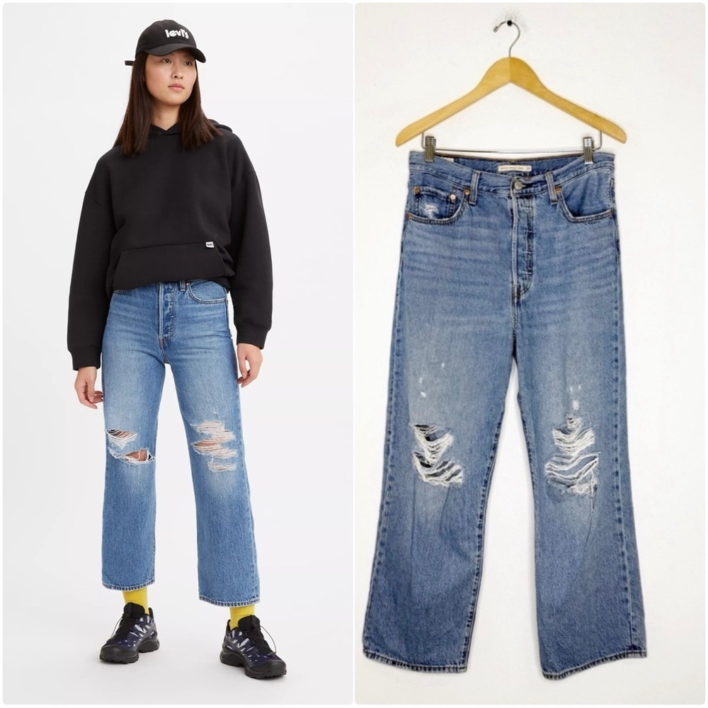 Levi’s Ribcage Straight Ankle Jeans Super High Rise Button Fly Size 30 10 Busted
